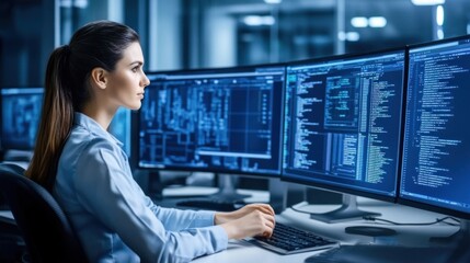 A software developer concentrates while coding on several computer monitors in a well-lit, contemporary office setting during the evening, showcasing her dedication to her work