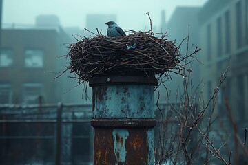 A lone bird perched on its nest atop a weathered chimney in a foggy urban setting