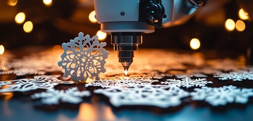 Minimalist robot creating intricate snowflakes with a laser cutter, Christmas craft