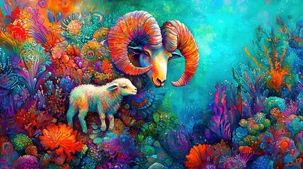 Obraz premium A ram and lamb stand amidst vibrant corals and algae, beneath a cerulean sky