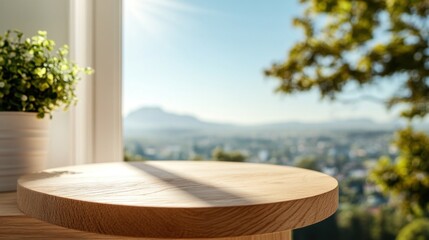 Obraz premium Wooden counter podium with natural finish, bathed in morning sunlight creating vivid shadows against white wall, for beauty cosmetic product