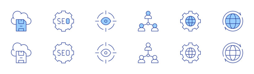 Seo icon set in two styles, Duotone and Thin Line style. Editable stroke. save file, seo, people, globe, global, eye