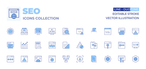 Seo icons collection. Line Duotone style, editable stroke. browser, chart, seo report, target audience, web development, website, report, repeat, optimization, rating, pyramid, error