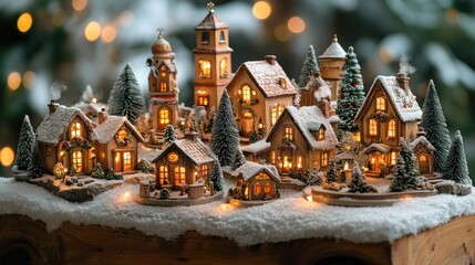 Obraz premium Christmas village display with miniature houses and lights, capturing the nostalgia and charm of holiday decor