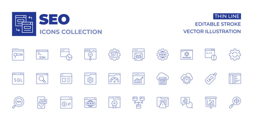 Seo icons collection. Thin Line icons, editable stroke. sem, seo, sql, transaction, web development, website, analytic, cloud, validation, warning, web traffic