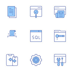 Seo icons set. Line Duotone style, editable stroke. article, searching, sql, usability, report, responsive design, world grid, maintenance, data