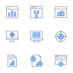 Seo icons set. Line Duotone style, editable stroke. bar chart, shopping online, target, wrench, monitor, programming, analytics, encryption