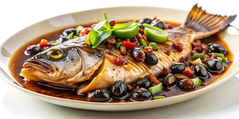 stir fried fish with black bean sauce isolated on white background