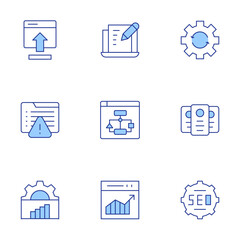 Seo icons set. Line Duotone style, editable stroke. seo, sitemap, warning, web traffic, graph, laptop, interfaces, insert, process
