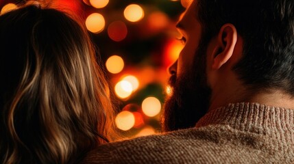 Family in the living room admiring a fully decorated Christmas tree, showcasing the joy of holiday preparations