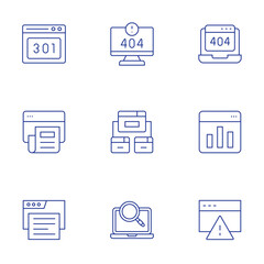 Seo icons set. Thin Line style, editable stroke. 301, error, 405, article, backlink, bar chart, browser, caution