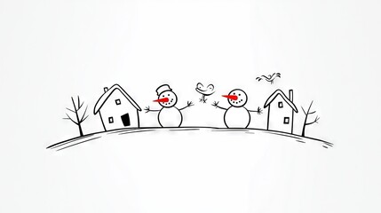  A depiction of two snowmen positioned before a residence with a crimson heart affixed to its beak