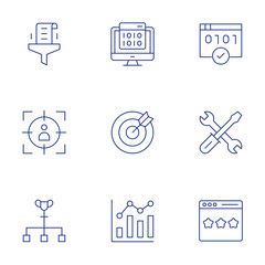 Seo icons set. Thin Line style, editable stroke. technical support, target audience, target, rating, ranking factor, ranking, encryption, data
