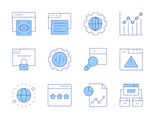 Seo icons. Line Duotone style, editable stroke. backlink, browser, chart, search, view, world, report, localization, rating, gear, error