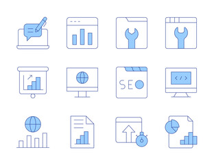Seo icons. Line Duotone style, editable stroke. bar chart, wrench, seo, online service, optimization, monitor, programming, analytics, presentation, blogging