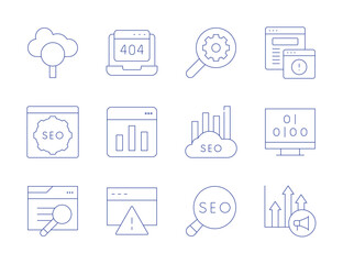 Seo icons. Thin Line style, editable stroke. 409, adware, bar chart, binary code, caution, chart, search, seo, web