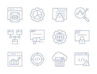 Seo icons. Thin Line style, editable stroke. cloud, view, warning, web traffic, website, world, analytics, browser, coding