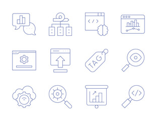 Seo icons. Thin Line style, editable stroke. coding, analytic, browser, cloud, tag, presentation, framework, insert, insight, magnifying glass, web traffic