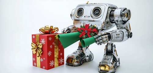 Sleek silver robot wrapping Christmas gifts with festive red and green paper
