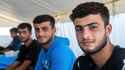 Three young men sit closely together, sharing smiles and laughter in a tent. The atmosphere feels warm and welcoming, highlighting their friendship and interactions with peers nearby