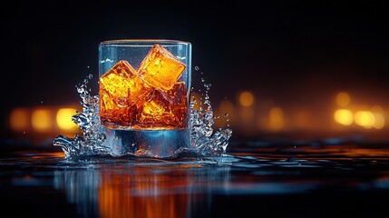   A glass filled with ice and water on a reflective surface in front of a cityscape at night