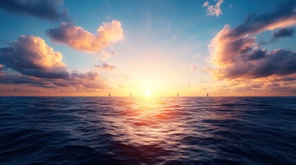Fototapeta premium Sunset over a calm ocean with sailboats on the horizon, representing tranquility and the beauty of nature
