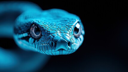 Fototapeta premium A close-up of a blue snake's head, with wide-open eyes, on a black background