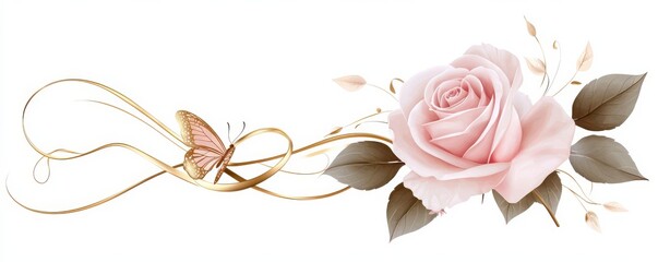 Elegant floral composition with delicate rose and butterfly on golden swirls design background