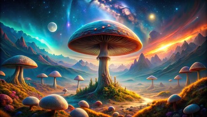 Stock photo of intergalactic hallucinogenic mushroom in a surreal sci fi landscape