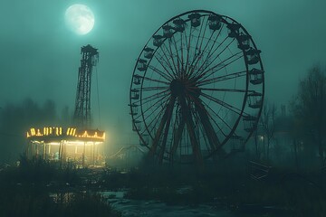 An abandoned amusement park at night with a Ferris wheel