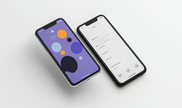 iPhone mockup with two smartphones showcasing vibrant abstract wallpapers on a minimalistic white background