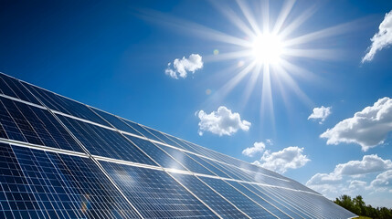 A rooftop covered in solar panels, with the sun shining brightly overhead, symbolizing sustainable energy.