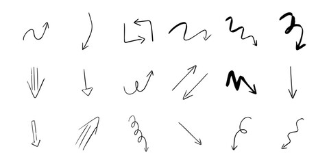 Arrows. Set of trendy doodle and abstract random icons on isolated background. Big element collection, unusual organic shapes in freehand style.