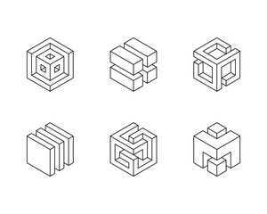 Black and white Cube logo, geometric vector design. Set box logotype company, trendy techno emblem in isometric 3D style.