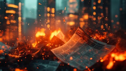 Obraz premium Burning Newspaper with City Lights in Background.