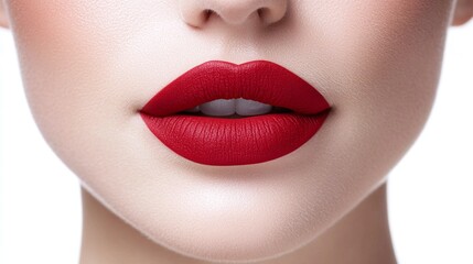 Obraz premium Close-up of luscious red lips with matte lipstick finish, showcasing bold beauty and elegance, perfect for use in makeup ads, cosmetic branding, or fashion-focused visuals.