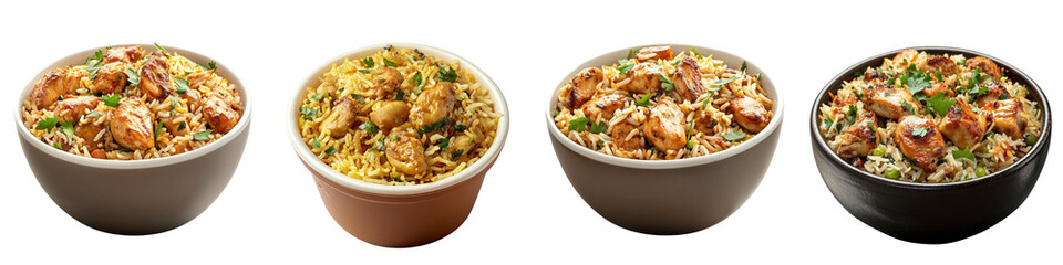 Fototapeta premium collection Set of A bowl of biryani with chicken pieces, isolated on a transparent background cutout, PNG file