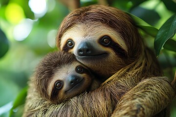 Fototapeta premium A mother sloth lovingly embraces her baby in the rainforest canopy.