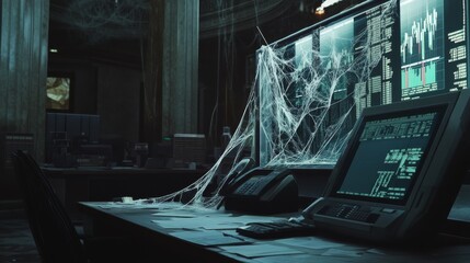 Abandoned Control Room with Cobwebs.