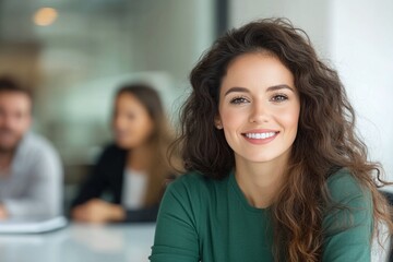 Obraz premium Confident businesswoman in green top sitting at a meeting table, smiling naturally, embodying a positive work environment, ideal for corporate teamwork concepts and office-related visuals.