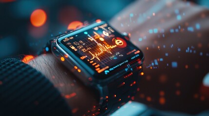 Close-up of a person holding a sleek smartwatch with a futuristic digital interface and glowing holographic display