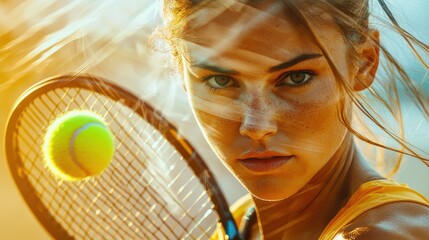 Close-up portrait of a determined female tennis player with a racket in vibrant sunlight