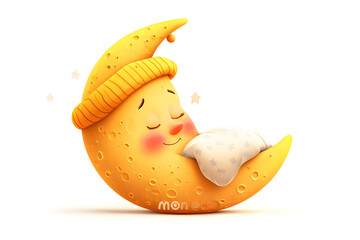 a cartoon moon with a sleeping cap, isolated on a white background