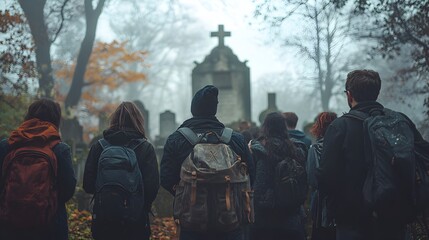 Tourists Gathered Around a Guide in Foggy Cemetery