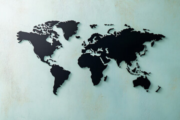 Black world map silhouette with a matte finish on a light blue wall, offering a simple and minimalist global design
