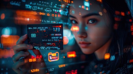 Close-up portrait of a person holding a smart card with digital interface overlay, symbolizing technology and secure online payments