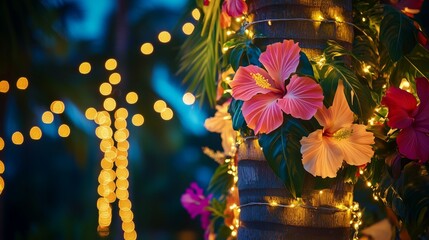 Palm trees wrapped in warm, glowing string lights, adorned with vibrant tropical flowers like hibiscus and orchids, creating a festive and tropical New Year’s atmosphere