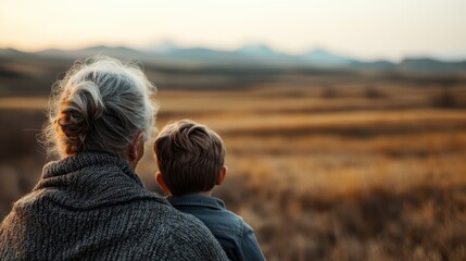 A grandmother gently holds her grandchild, both mesmerized by the vastness of open fields at dusk, embodying the essence of love and peaceful companionship.
