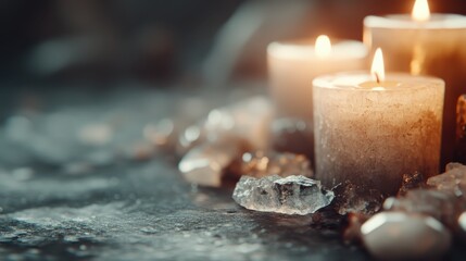 Three candles emit a warm glow surrounded by shining crystals, creating an atmosphere of tranquility, peace, and serene beauty, inviting calm reflection.