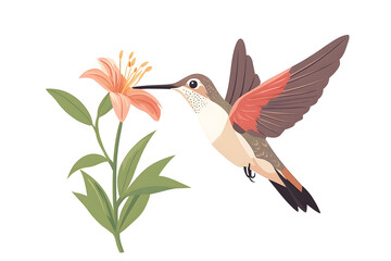 Obraz premium a hummingbird hovering near a flower, wings flapping rapidly, isolated on a white background